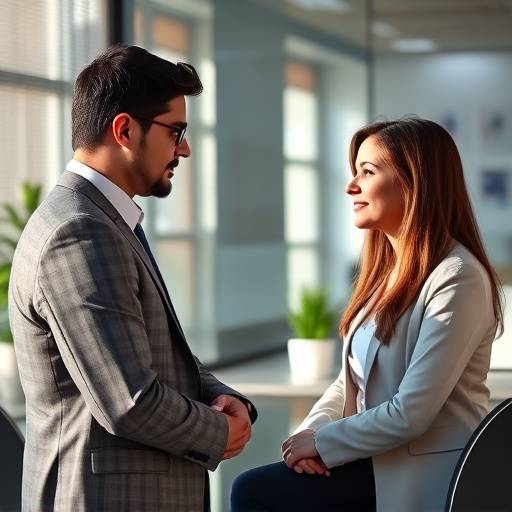 Een kandidaat die een oefen sollicitatiegesprek voert met een coach, in een professionele setting.
