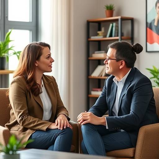 Een loopbaancoach voert een één-op-één gesprek met een cliënt, in een ontspannen kantooromgeving.