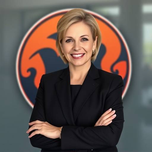 Linda Smits, zelfverzekerd poserend voor het logo van haar nieuwe werkgever.