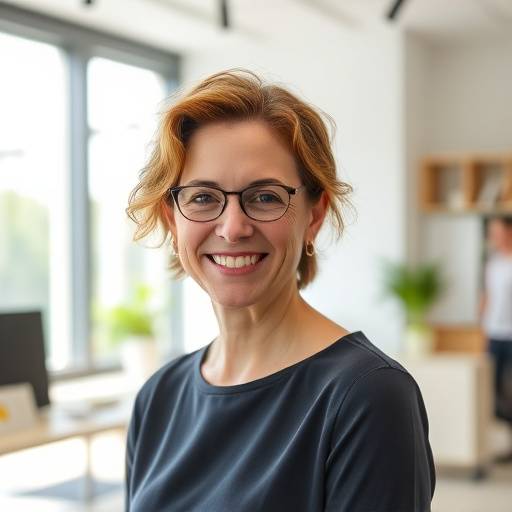 Portretfoto van Emma de Vries, stralend in haar nieuwe kantooromgeving.